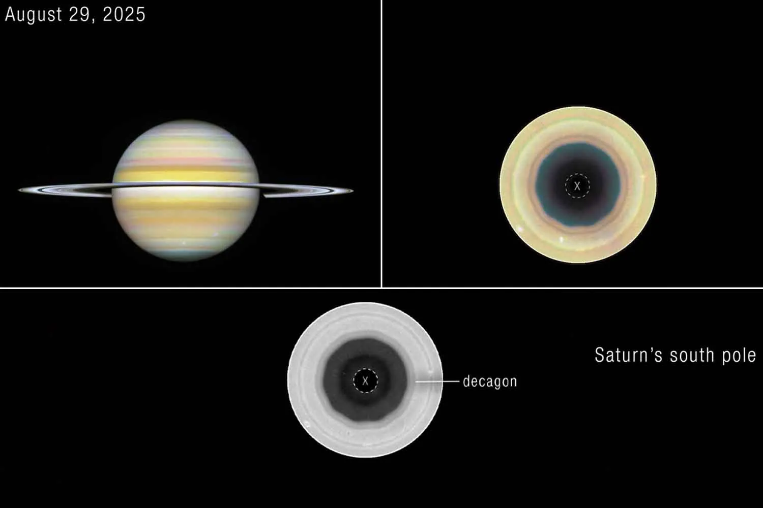 Gli astronomi hanno scoperto un'enorme struttura ondulatoria a 10 lati che si agita sopra il polo sud di Saturno