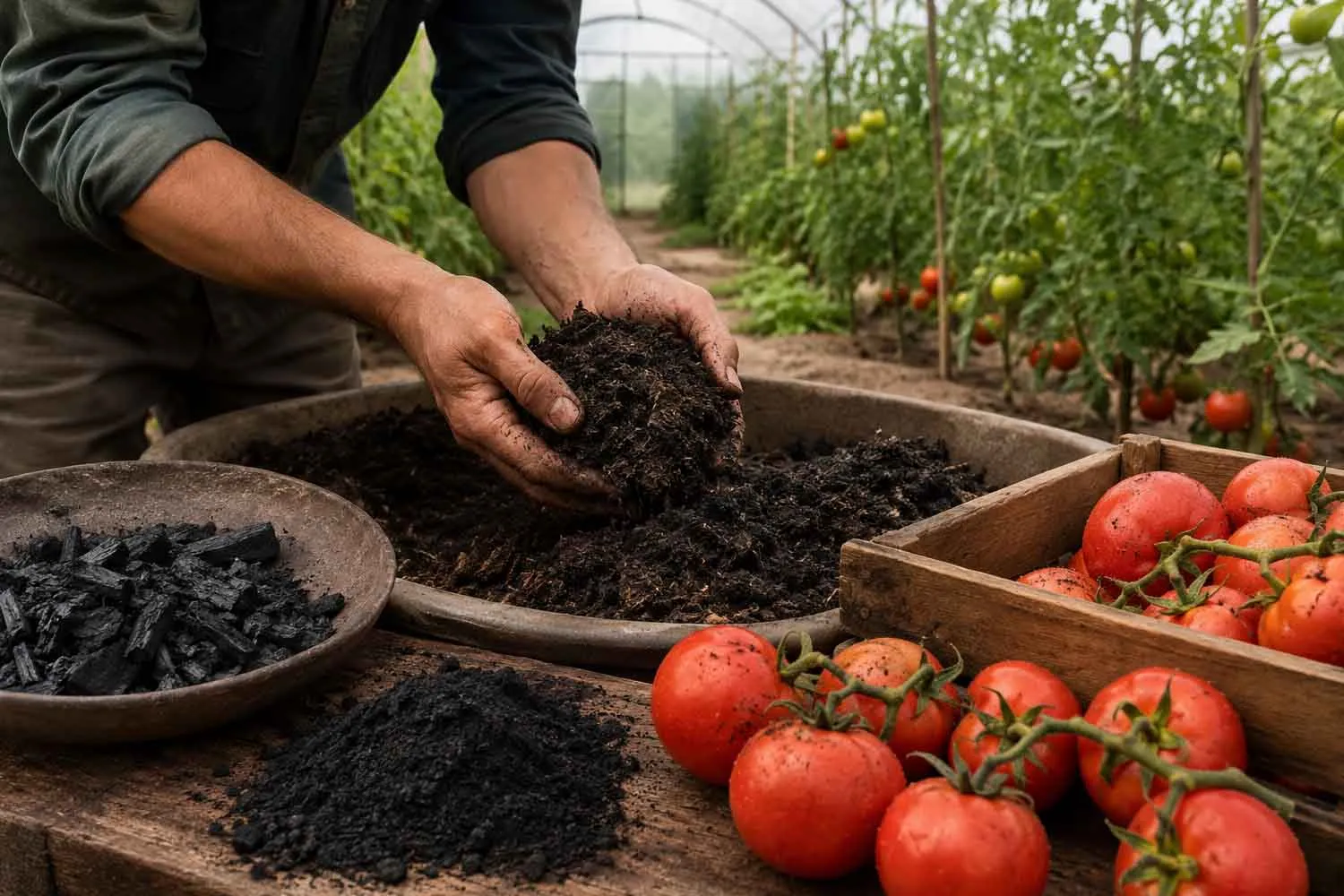 Fanghi biologici e carbone vegetale combinati insieme hanno creato un compost che fa crescere più pomodori dei fertilizzanti chimici